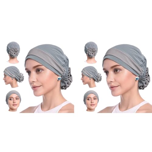PALAY® Chemo Caps for Women Cotton Stretchy Turban Cap Headwear Head Wrap Flower Skull Cap for Women Cancer Beanie Head Coverings - Grey 2 PCS PALAY® Chemo Caps for Women Cotton Stretchy Turban Cap Headwear Head Wrap Flower Skull Cap for Women Cancer Beanie Head Coverings - Grey 2 PCS